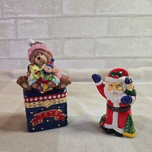 Set of 2 Porcelain Christmas Trinket Boxes ~ Teddy Bear w/ Toys and Santa